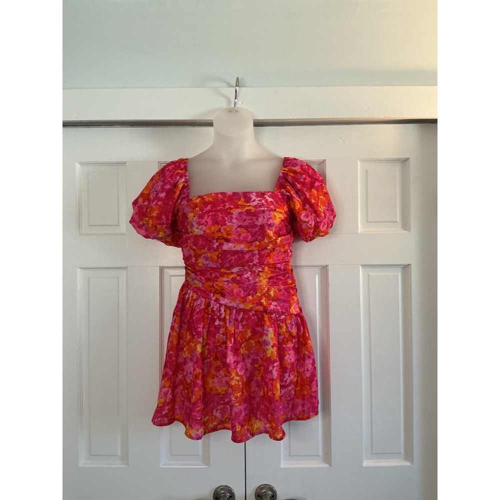 Hello Molly Pink Orange Floral‎ Ruched Puff Sleeve Mini Dress Size 6 NEW